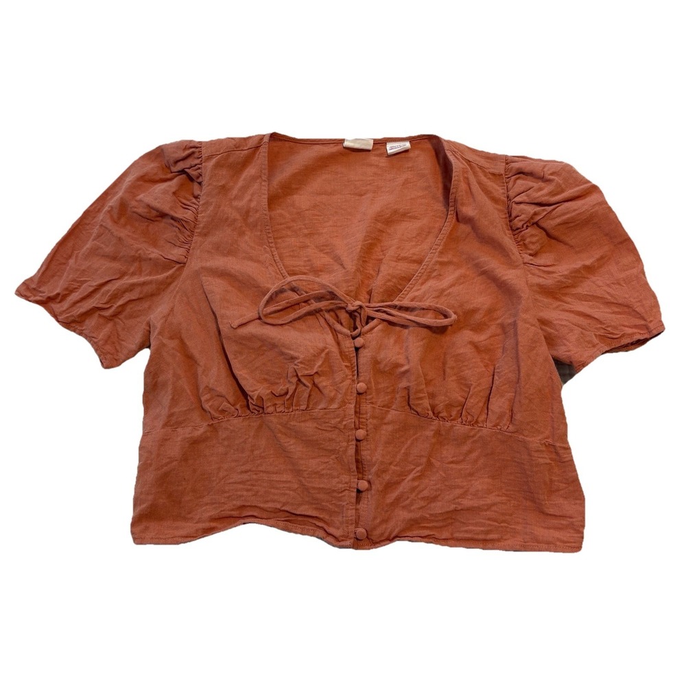 Levis Luisa Top‎ Cropped Womens Medium Linen Cotton Puff Sleeve Tie Front Boho